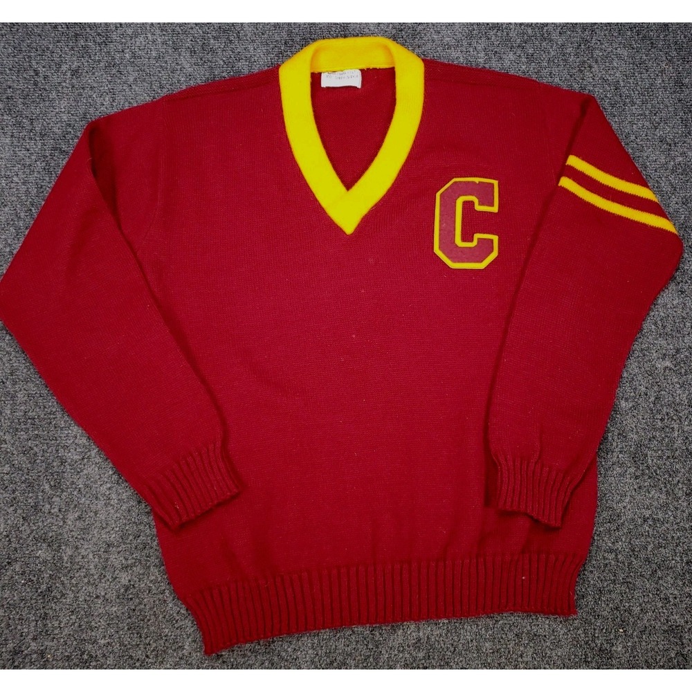 Vintage Marlomar Knits Lettermans Sweater Mens Medium Red Yellow Turbo Acrylic - Picture 2 of 8